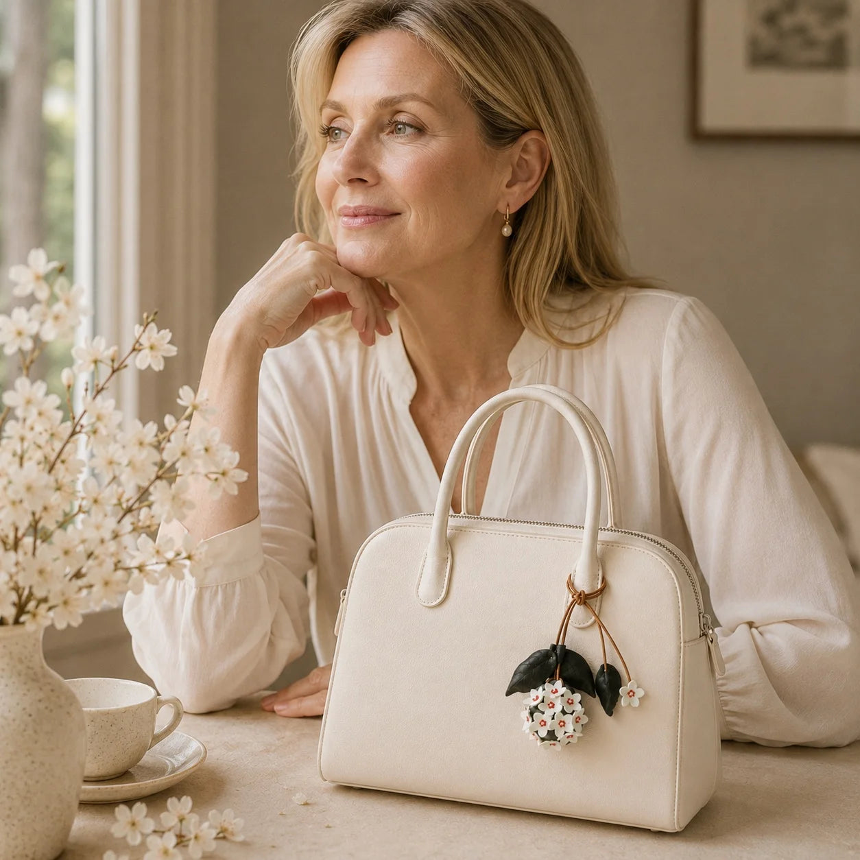 Colgante de cuero pintado a mano con forma de flor de Hoya con minibolso – Elegante accesorio floral para bolsos de mano