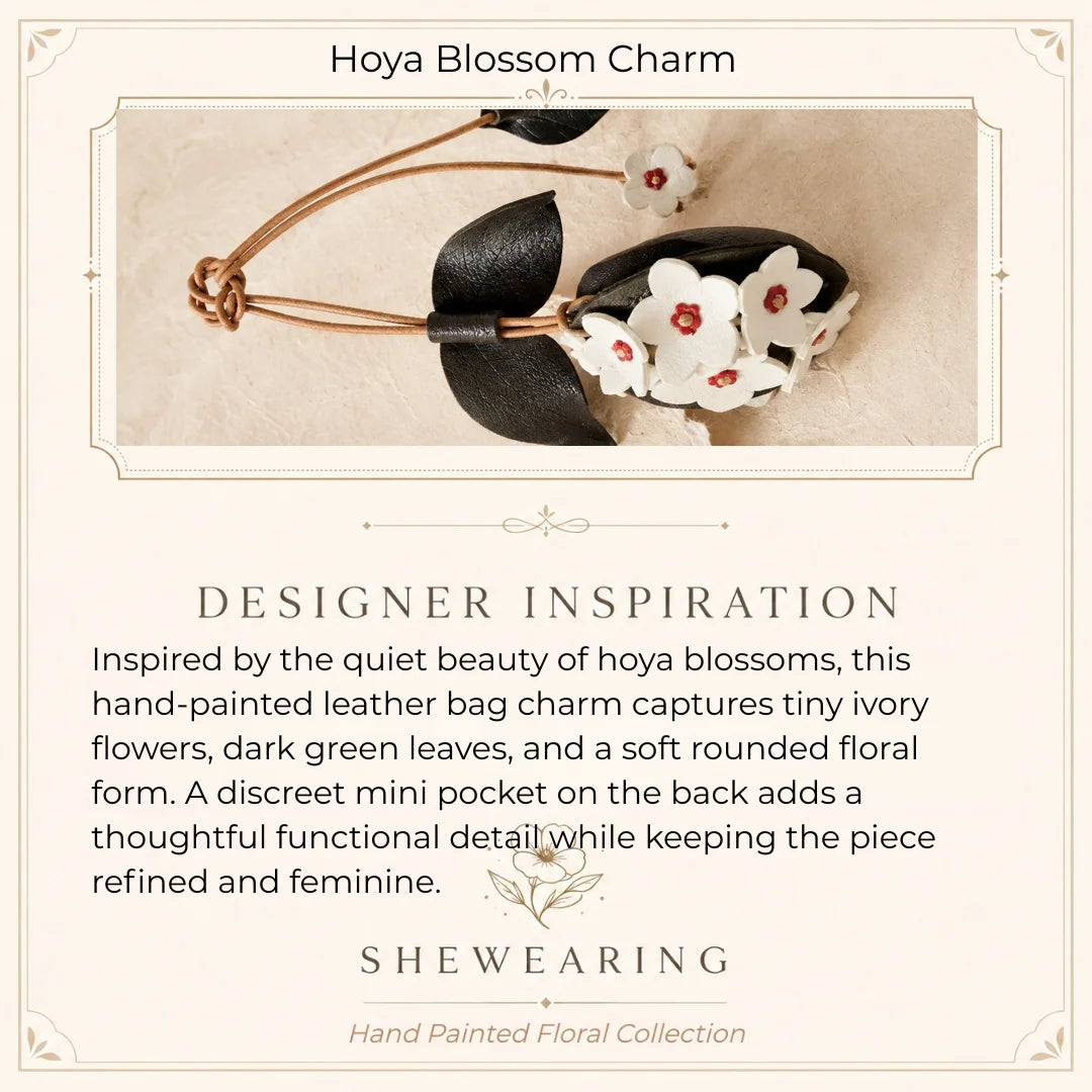 Colgante de cuero pintado a mano con forma de flor de Hoya con minibolso – Elegante accesorio floral para bolsos de mano