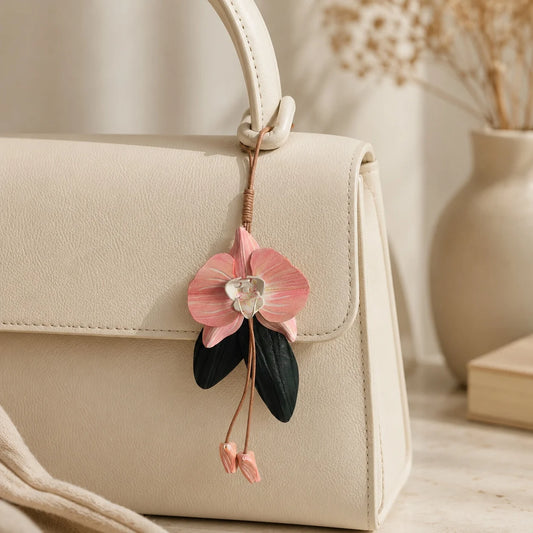 Hand-Painted Pink Orchid Leather Bag Charm – Elegant Floral Handbag Accessory, Unique Gift for Her