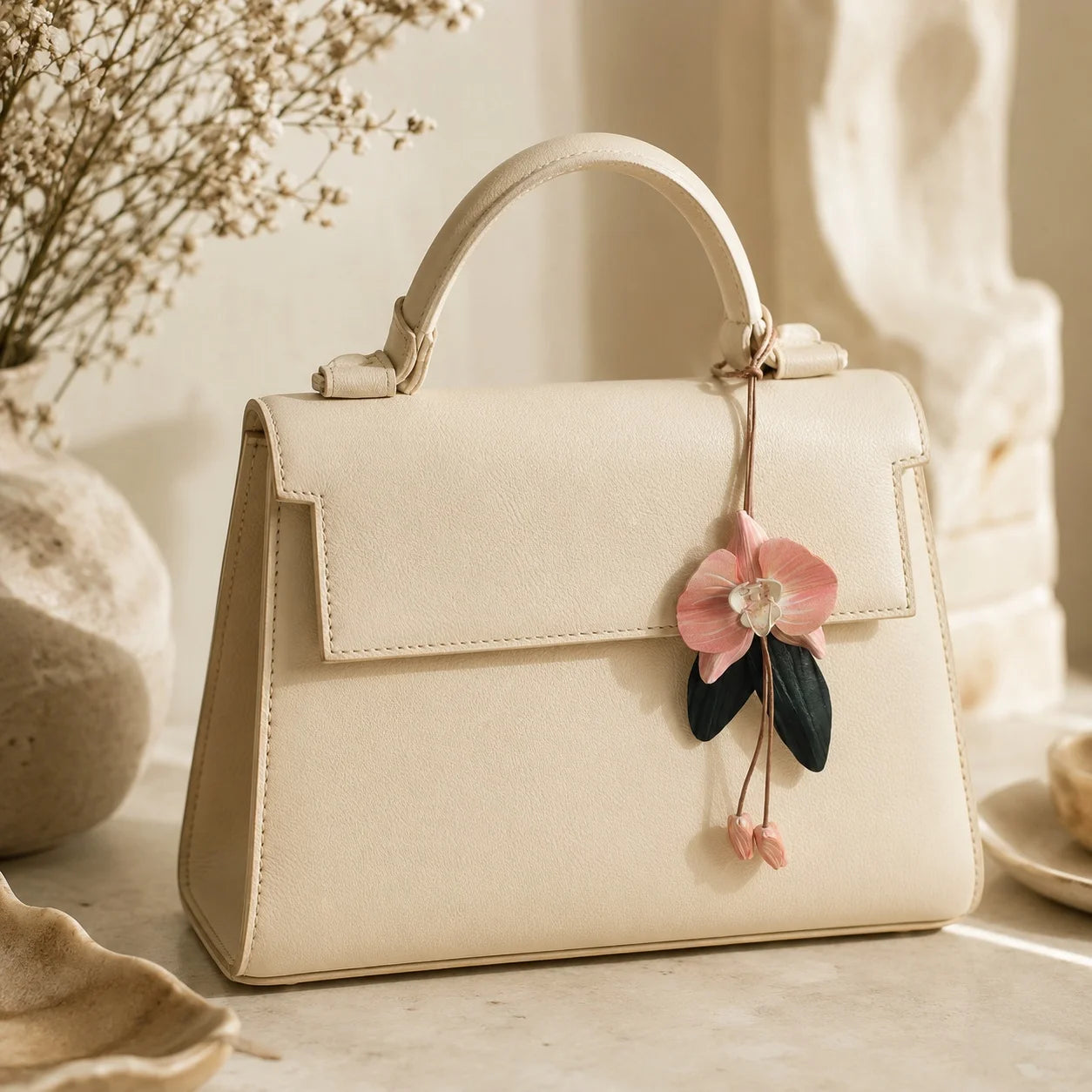Hand-Painted Pink Orchid Leather Bag Charm – Elegant Floral Handbag Accessory, Unique Gift for Her