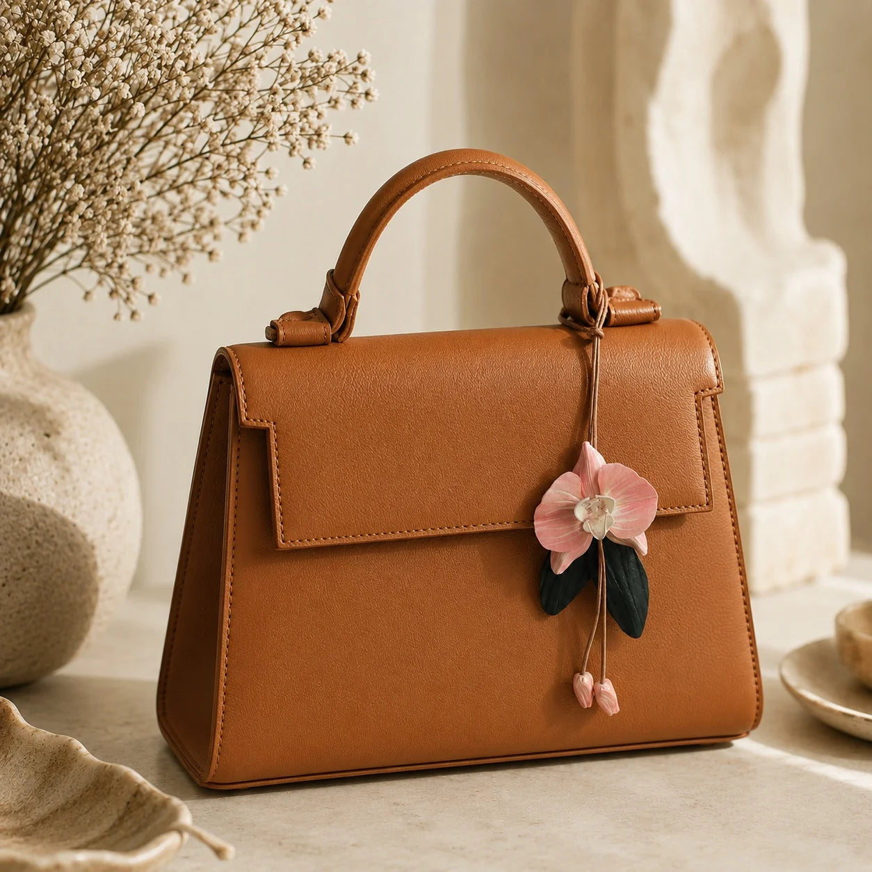 Hand-Painted Pink Orchid Leather Bag Charm – Elegant Floral Handbag Accessory, Unique Gift for Her