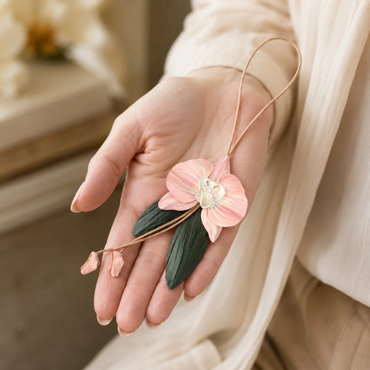 Hand-Painted Pink Orchid Leather Bag Charm – Elegant Floral Handbag Accessory, Unique Gift for Her