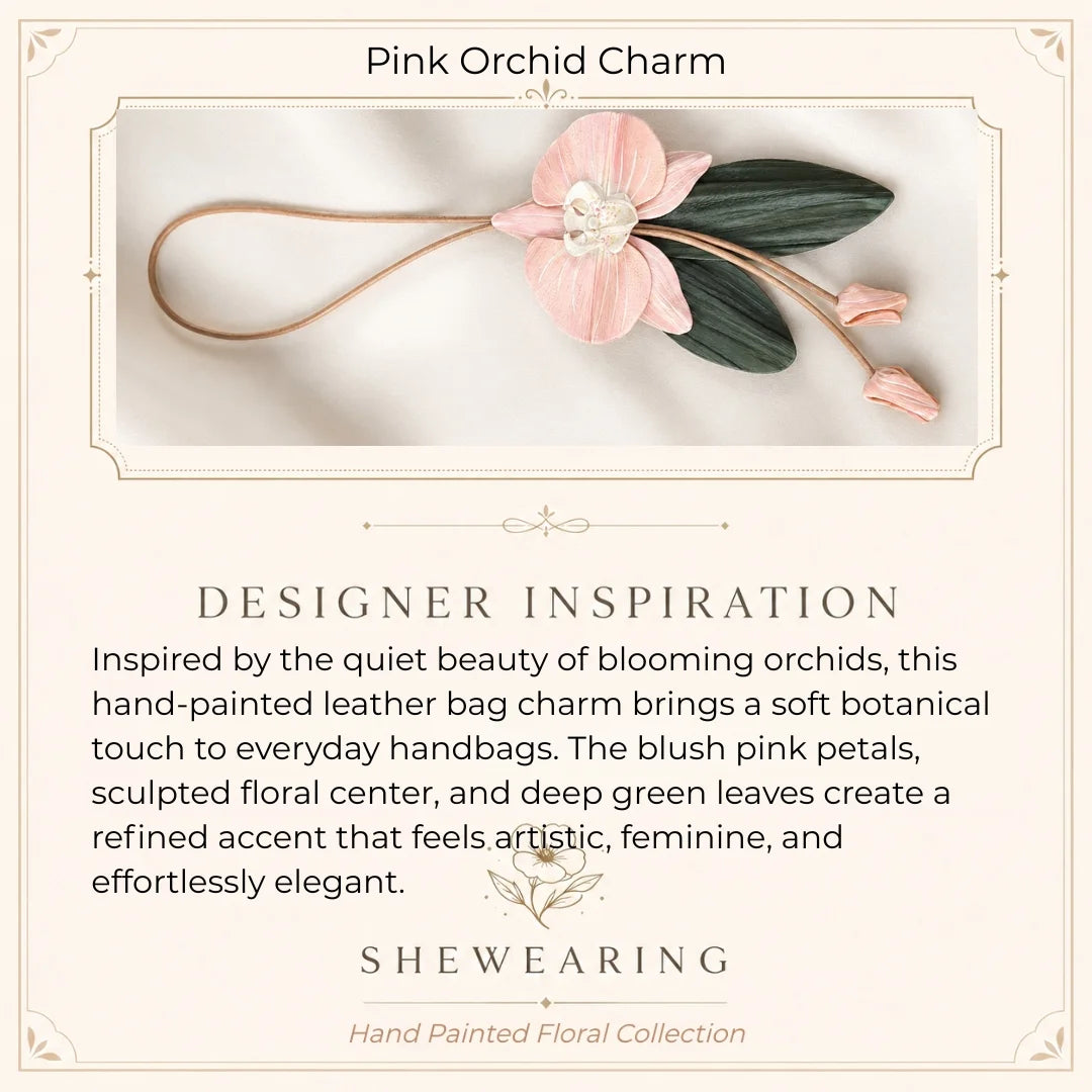 Hand-Painted Pink Orchid Leather Bag Charm – Elegant Floral Handbag Accessory, Unique Gift for Her