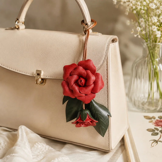 Colgante para bolso de cuero con rosa roja pintada a mano – Pequeño accesorio floral para bolso, regalo único para ella