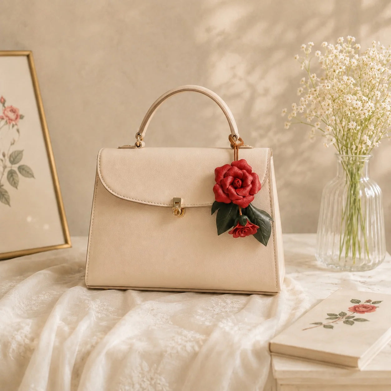 Hand-Painted Red Rose Leather Bag Charm – Petite Floral Handbag Accessory Unique Gift for Her