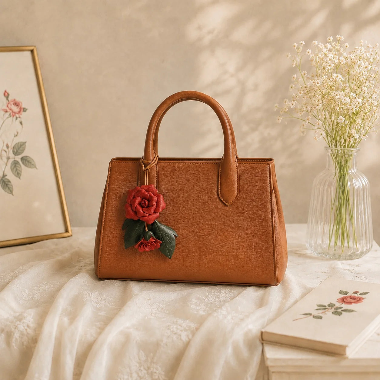 Hand-Painted Red Rose Leather Bag Charm – Petite Floral Handbag Accessory Unique Gift for Her