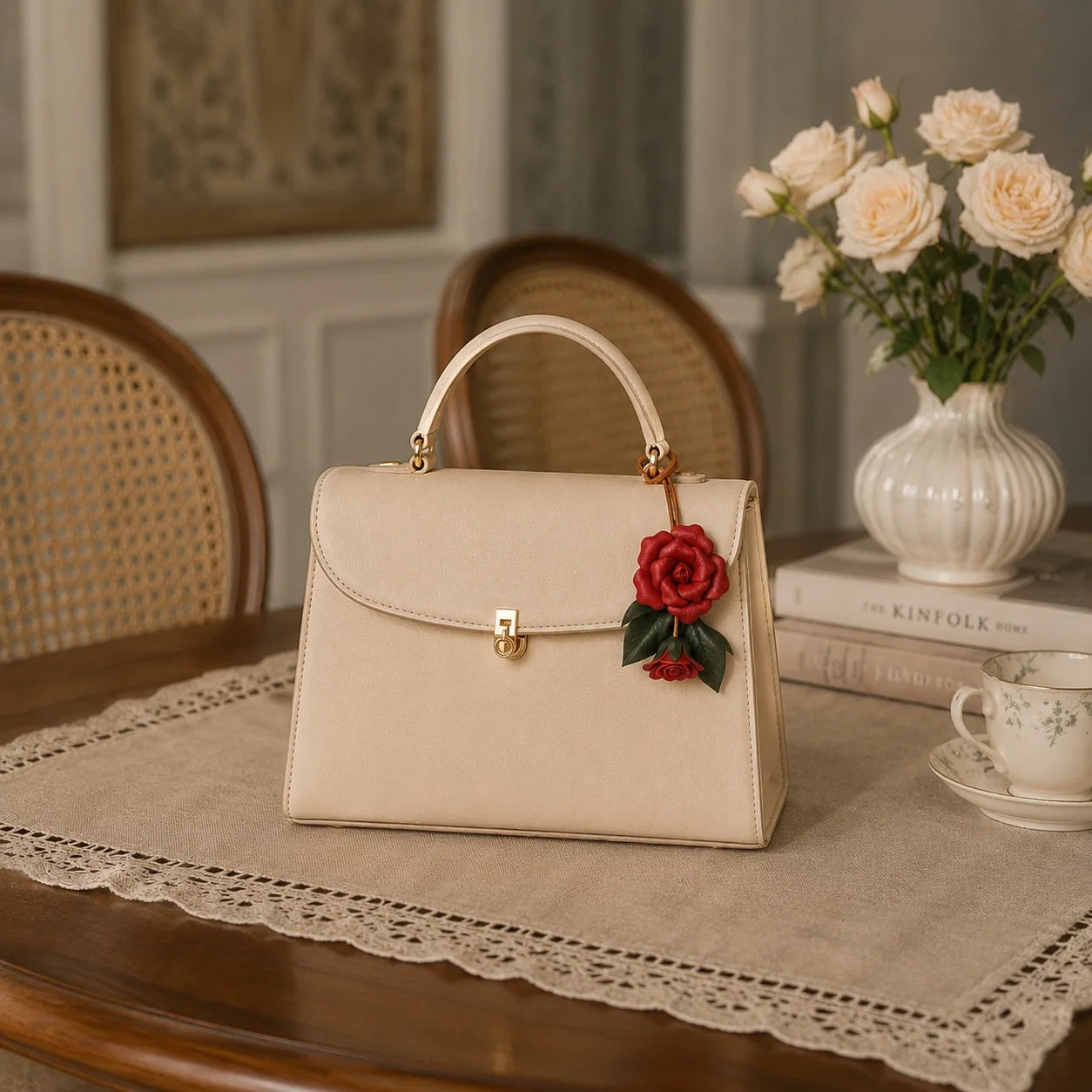 Hand-Painted Red Rose Leather Bag Charm – Petite Floral Handbag Accessory Unique Gift for Her