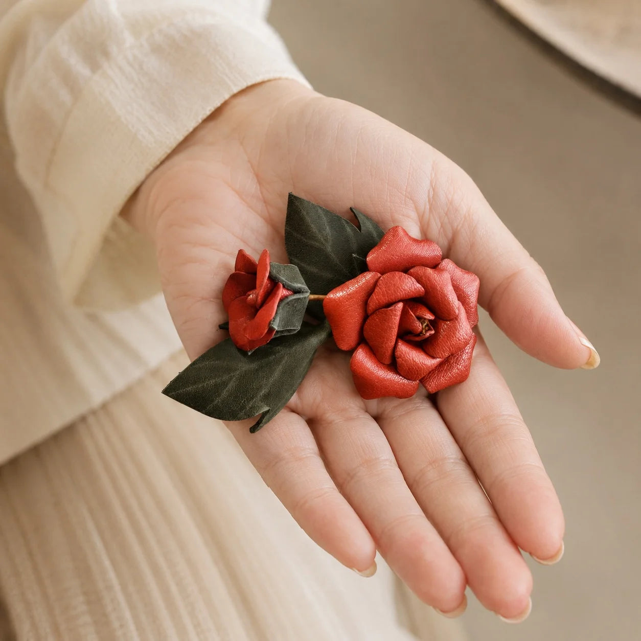 Hand-Painted Red Rose Leather Bag Charm – Petite Floral Handbag Accessory Unique Gift for Her