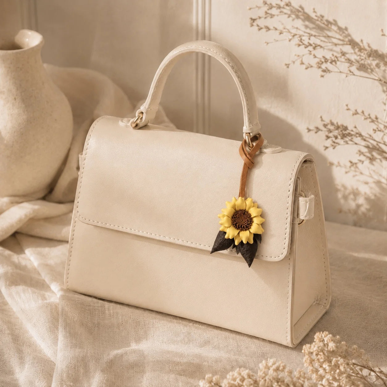 Colgante de girasol de cuero pintado a mano para bolso – Elegante accesorio para bolso, regalo único para ella