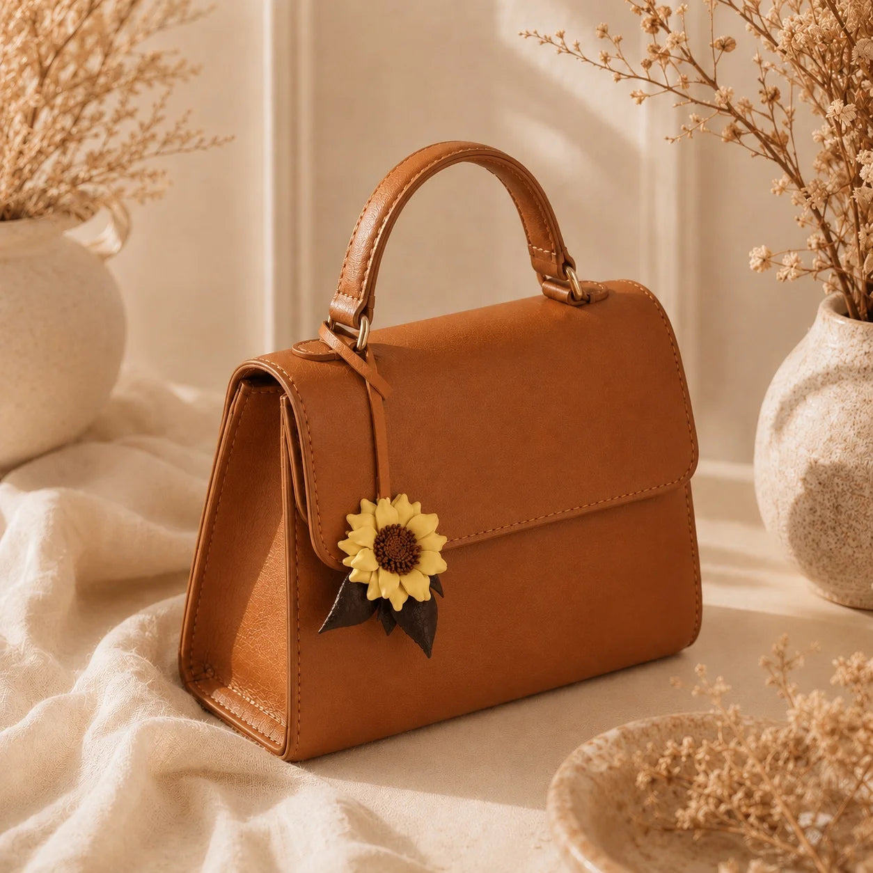 Colgante de girasol de cuero pintado a mano para bolso – Elegante accesorio para bolso, regalo único para ella