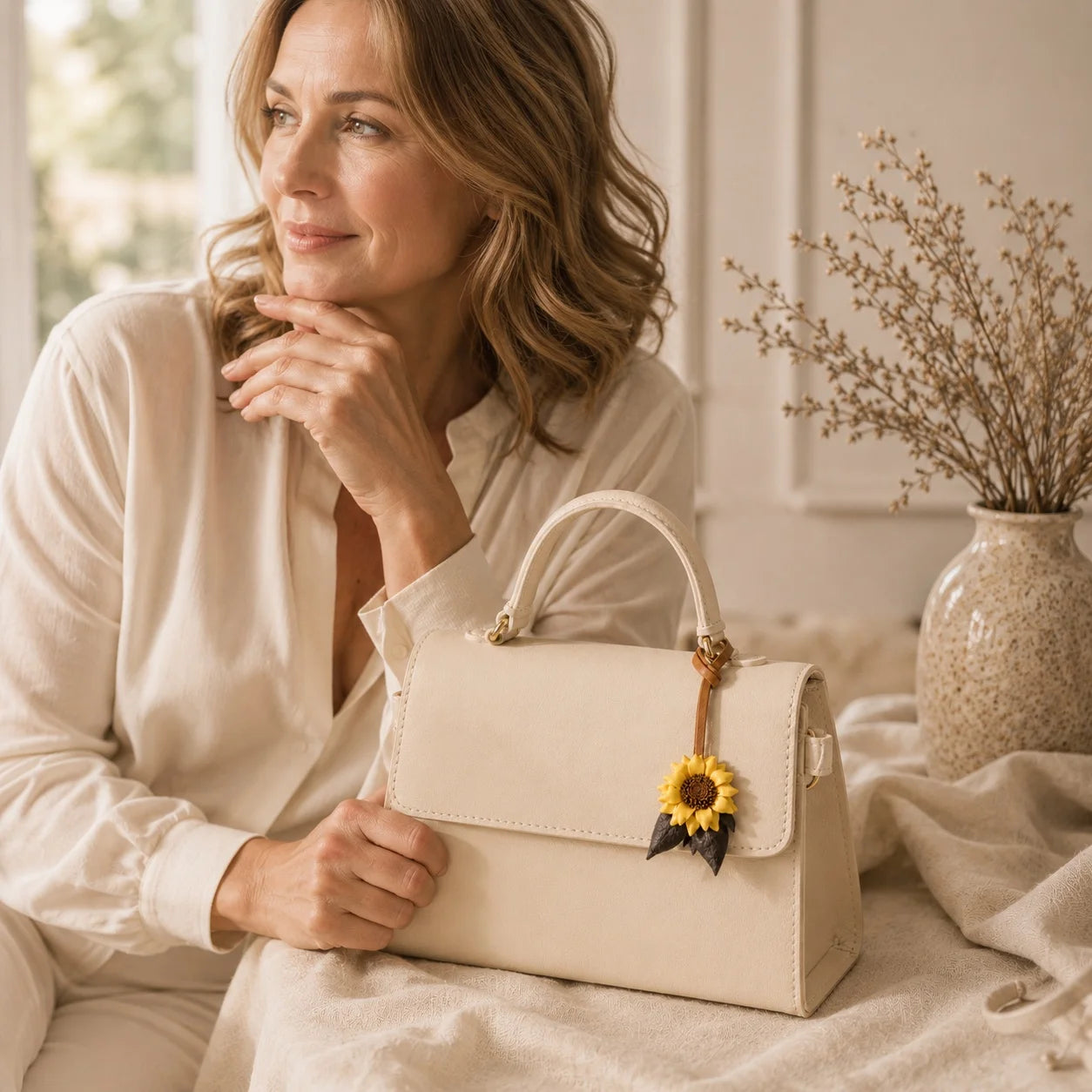 Colgante de girasol de cuero pintado a mano para bolso – Elegante accesorio para bolso, regalo único para ella