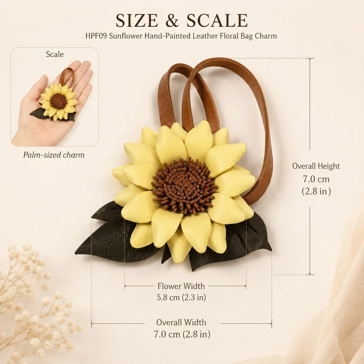 Colgante de girasol de cuero pintado a mano para bolso – Elegante accesorio para bolso, regalo único para ella