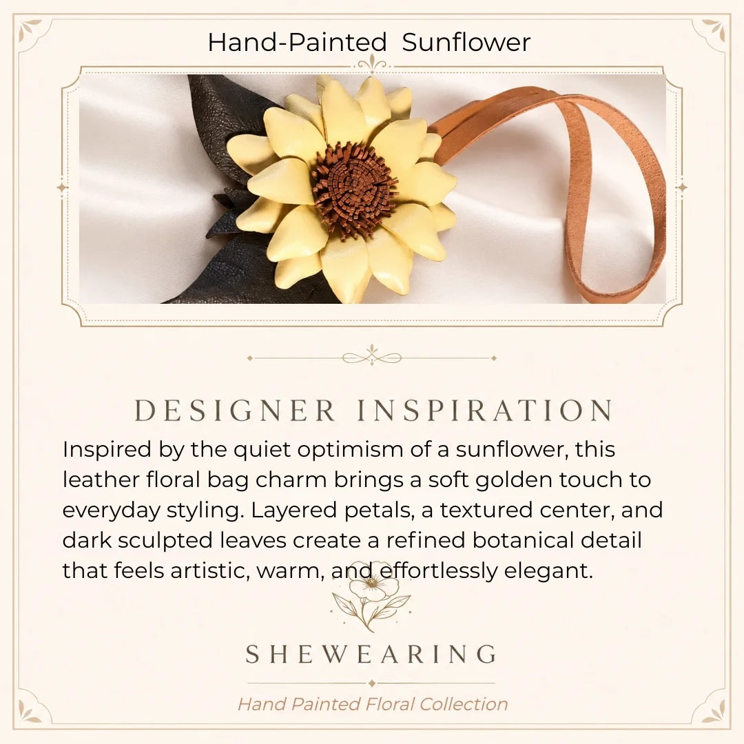 Colgante de girasol de cuero pintado a mano para bolso – Elegante accesorio para bolso, regalo único para ella