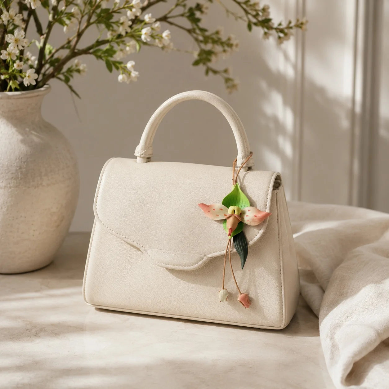 Amuleto de Bolso de Cuero con Orquídea Pintado a Mano, Elegante Accesorio Botánico para Bolso, Regalo Único para Ella