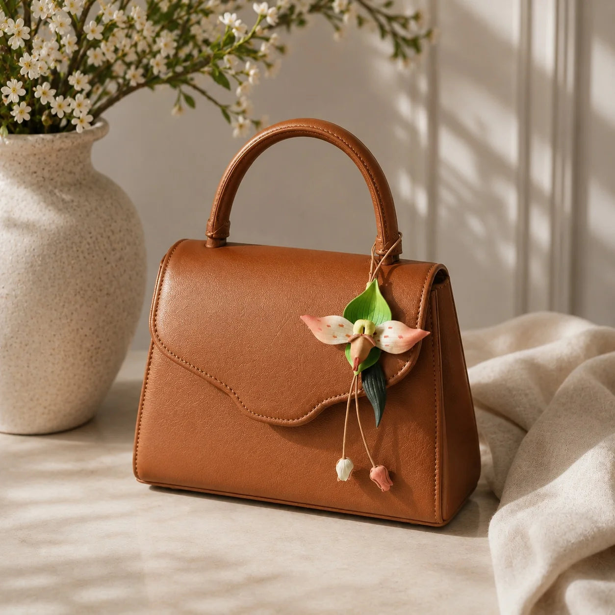 Amuleto de Bolso de Cuero con Orquídea Pintado a Mano, Elegante Accesorio Botánico para Bolso, Regalo Único para Ella
