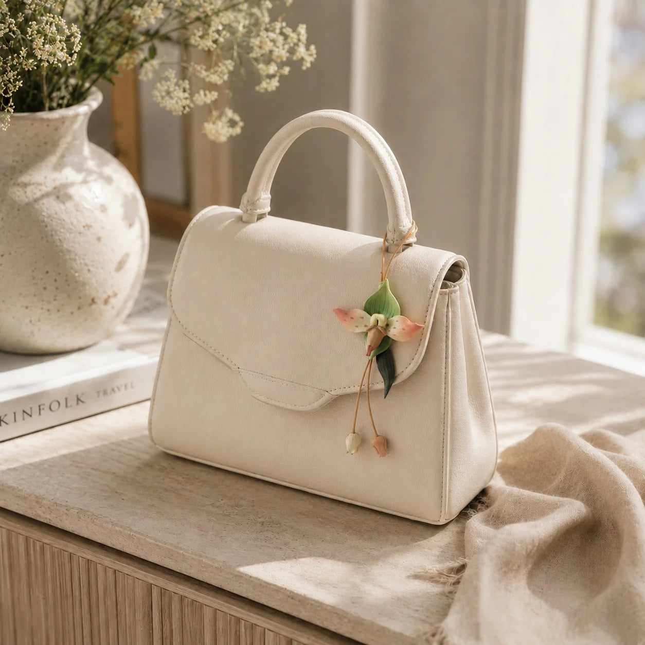 Amuleto de Bolso de Cuero con Orquídea Pintado a Mano, Elegante Accesorio Botánico para Bolso, Regalo Único para Ella