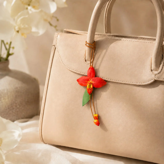 Amuleto de bolso de cuero de orquídea zapatilla roja pintado a mano – Elegante regalo botánico de accesorio para bolso para ella