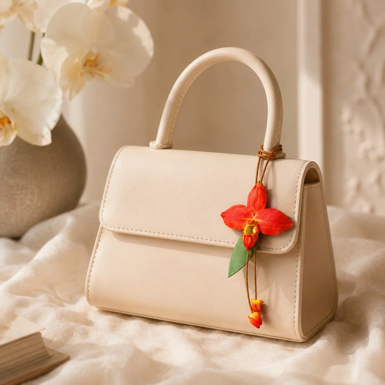 Amuleto de bolso de cuero de orquídea zapatilla roja pintado a mano – Elegante regalo botánico de accesorio para bolso para ella