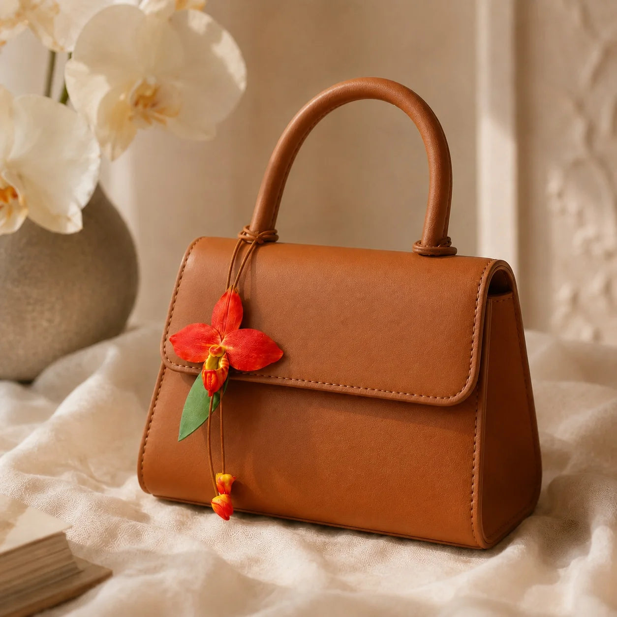 Amuleto de bolso de cuero de orquídea zapatilla roja pintado a mano – Elegante regalo botánico de accesorio para bolso para ella