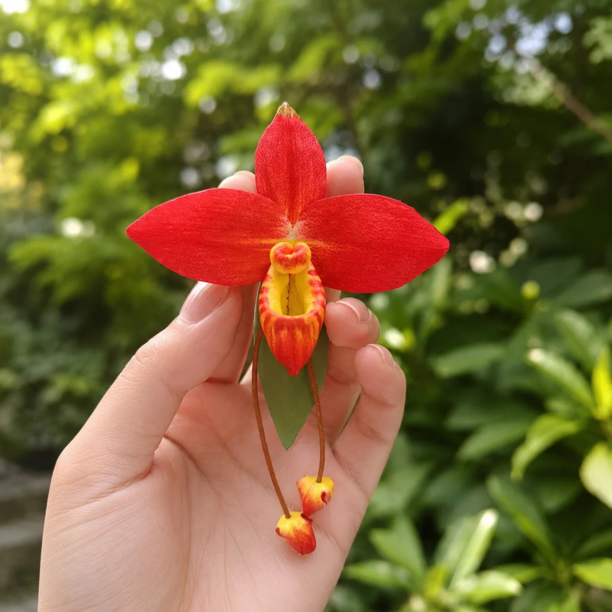 Amuleto de bolso de cuero de orquídea zapatilla roja pintado a mano – Elegante regalo botánico de accesorio para bolso para ella