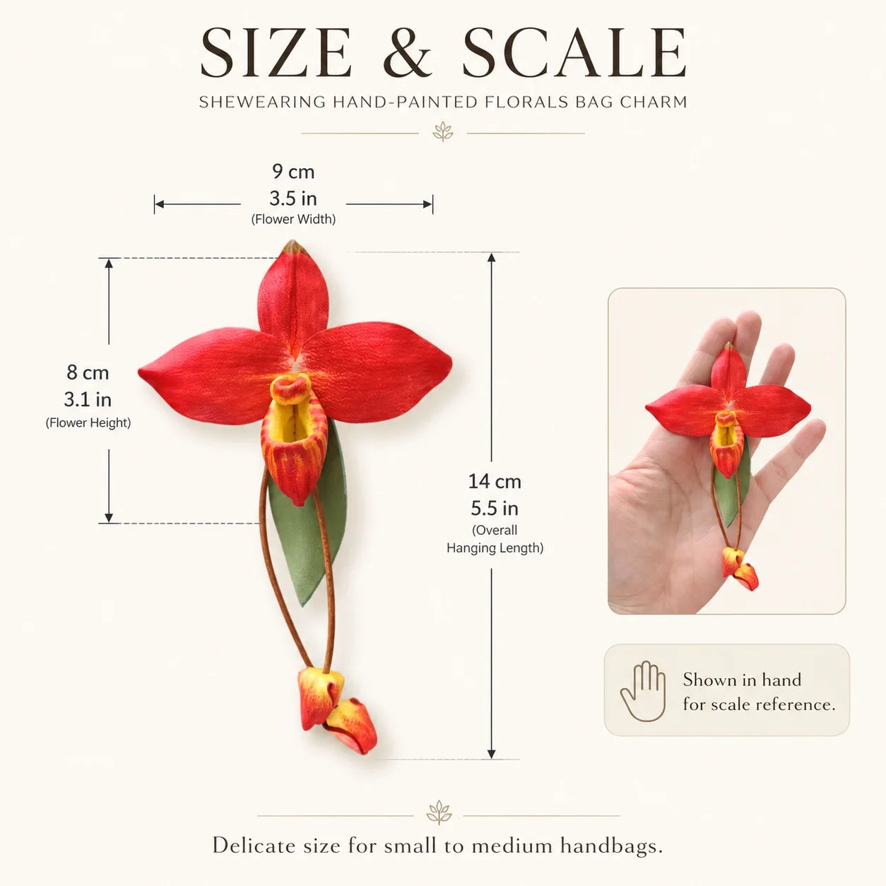 Amuleto de bolso de cuero de orquídea zapatilla roja pintado a mano – Elegante regalo botánico de accesorio para bolso para ella