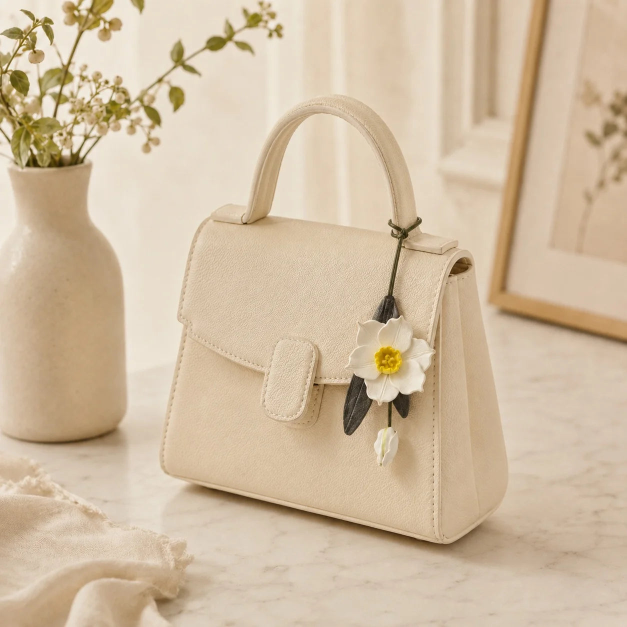 Colgante para bolso de cuero con narciso blanco pintado a mano – Elegante accesorio floral para bolso, regalo único para ella