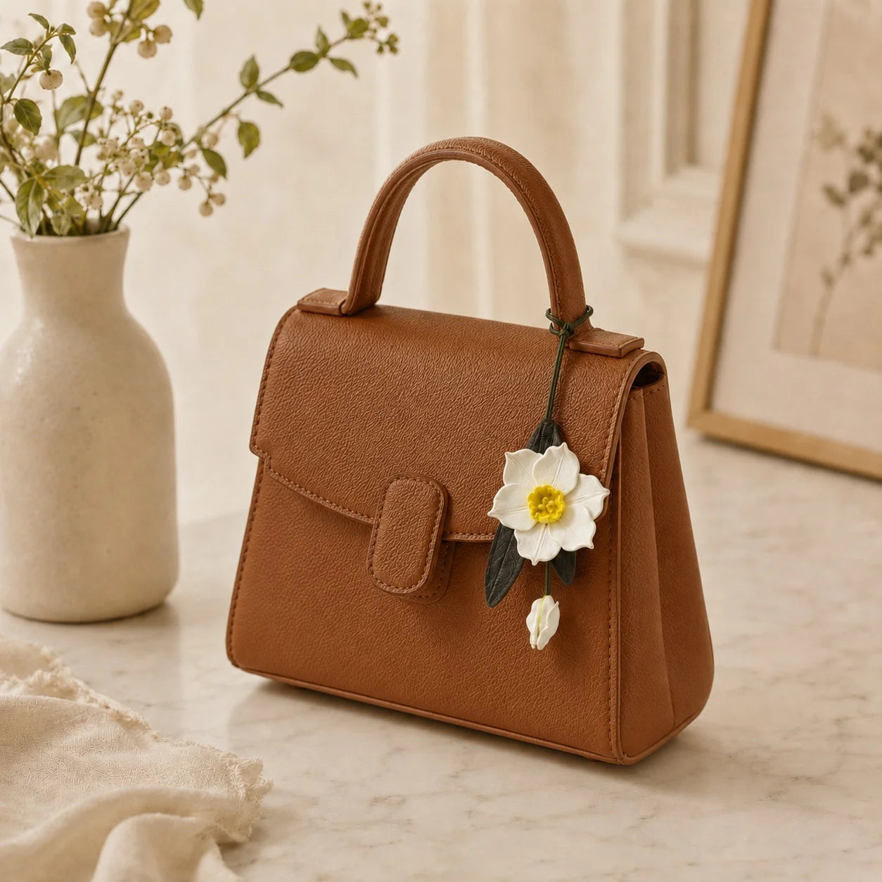 Colgante para bolso de cuero con narciso blanco pintado a mano – Elegante accesorio floral para bolso, regalo único para ella