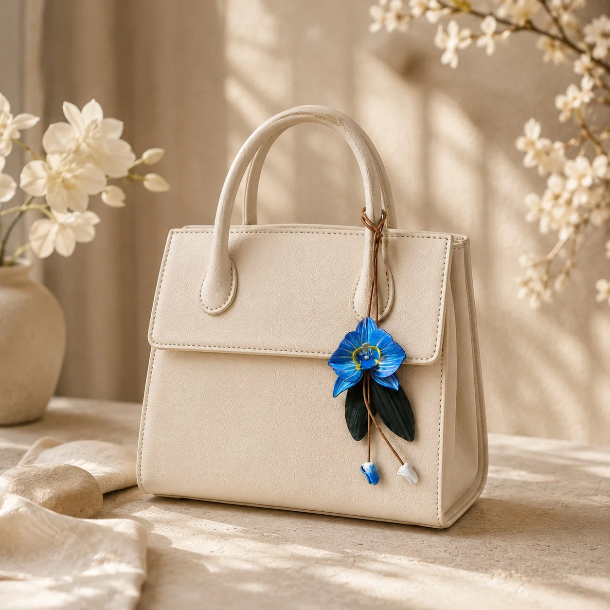 Hand-Painted Blue Orchid Leather Bag Charm, Elegant Floral Handbag Accessory, Refined Botanical Gift for Her