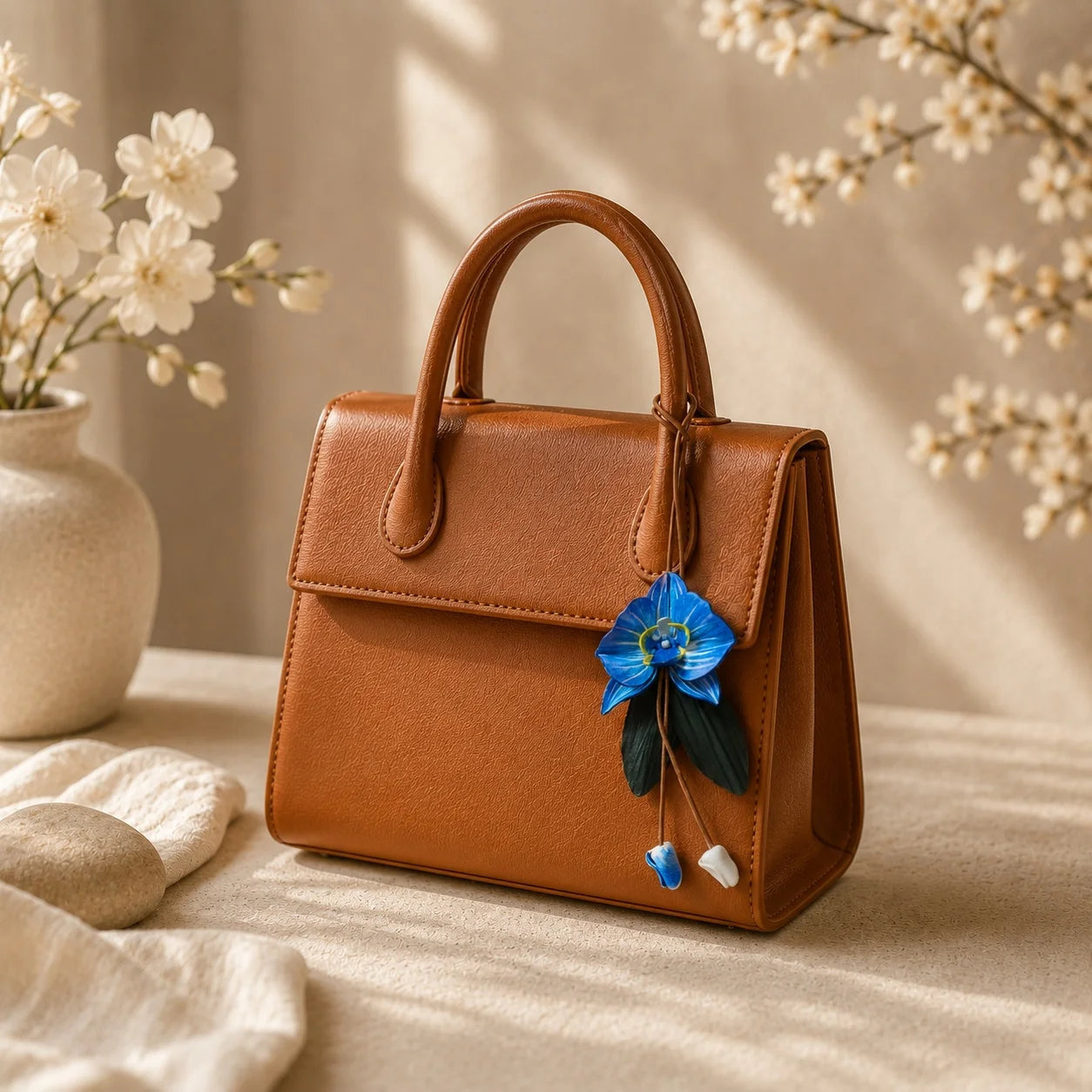 Hand-Painted Blue Orchid Leather Bag Charm, Elegant Floral Handbag Accessory, Refined Botanical Gift for Her