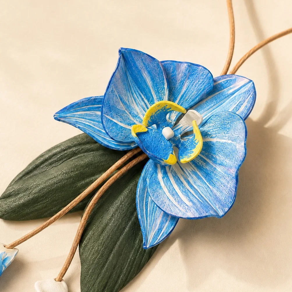 Hand-Painted Blue Orchid Leather Bag Charm, Elegant Floral Handbag Accessory, Refined Botanical Gift for Her