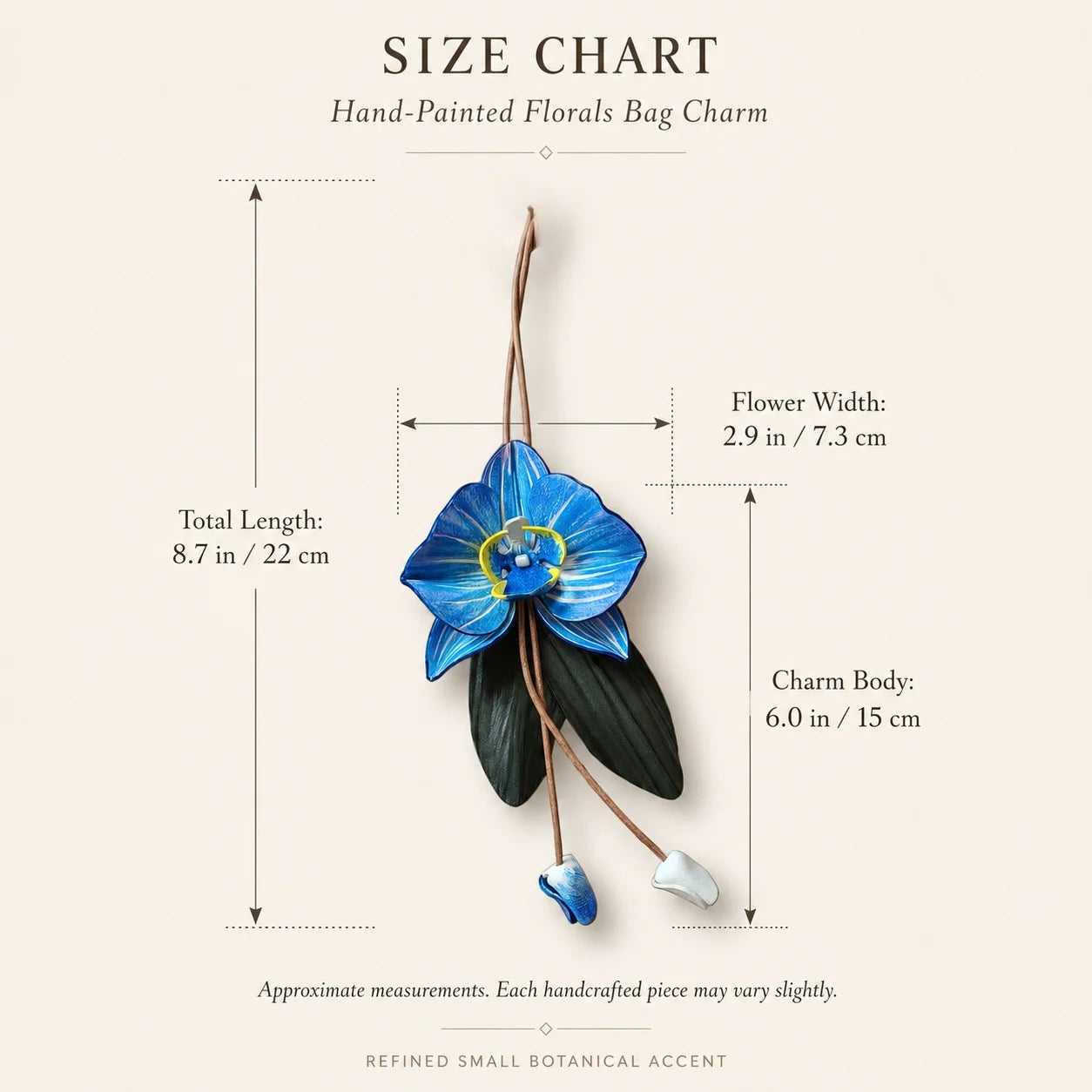 Hand-Painted Blue Orchid Leather Bag Charm, Elegant Floral Handbag Accessory, Refined Botanical Gift for Her