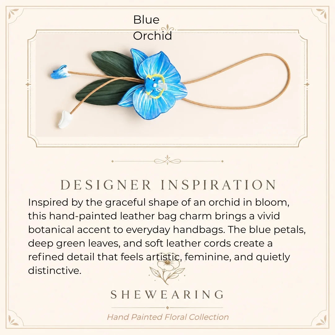 Hand-Painted Blue Orchid Leather Bag Charm, Elegant Floral Handbag Accessory, Refined Botanical Gift for Her