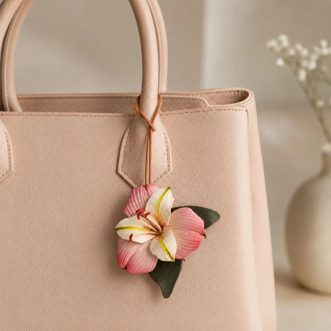 Blush Lily Hand-Painted Soft Leather Bag Charm, Unique Floral Handbag Accessory Gift for Her