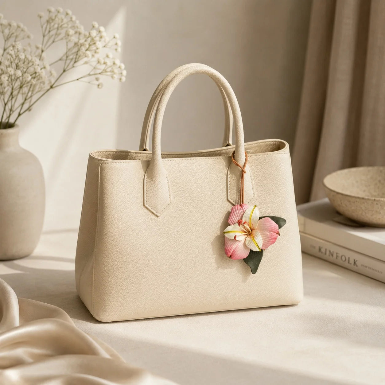 Blush Lily Hand-Painted Soft Leather Bag Charm, Unique Floral Handbag Accessory Gift for Her