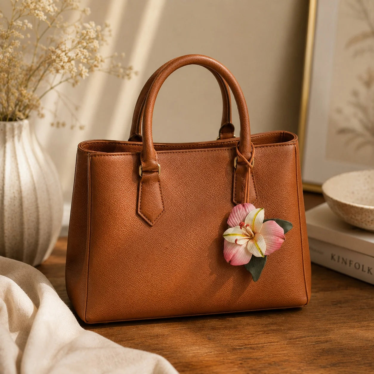 Blush Lily Hand-Painted Soft Leather Bag Charm, Unique Floral Handbag Accessory Gift for Her