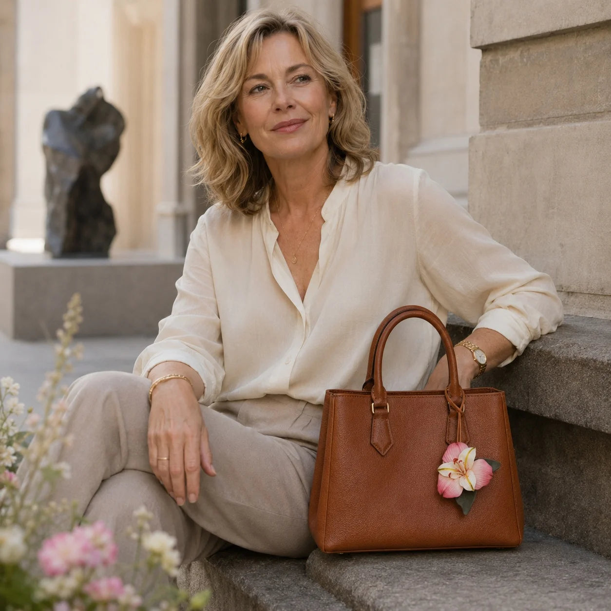 Blush Lily Hand-Painted Soft Leather Bag Charm, Unique Floral Handbag Accessory Gift for Her
