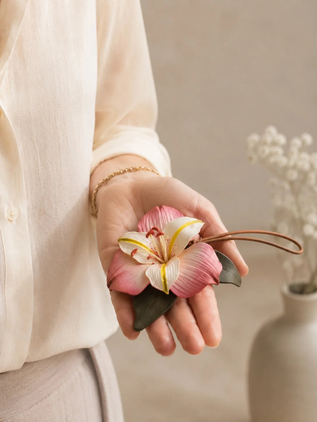 Blush Lily Hand-Painted Soft Leather Bag Charm, Unique Floral Handbag Accessory Gift for Her