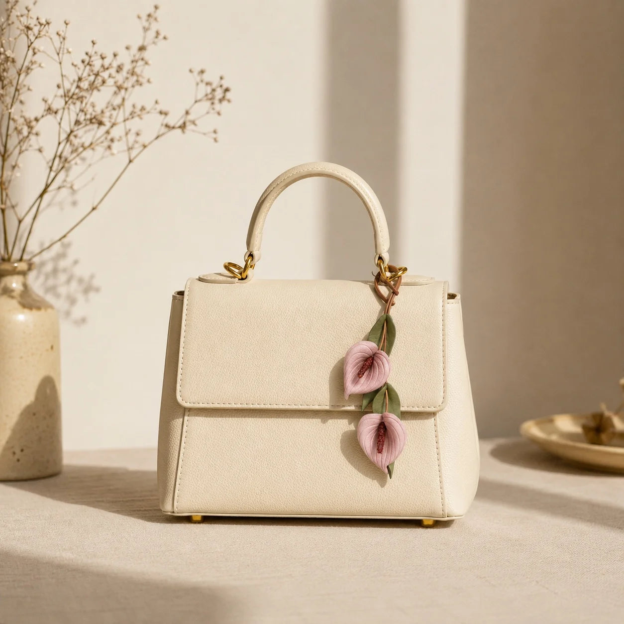 Blush Anthurium Cascade Hand-Painted Leather Bag Charm Handbag Accessory Gift for Her