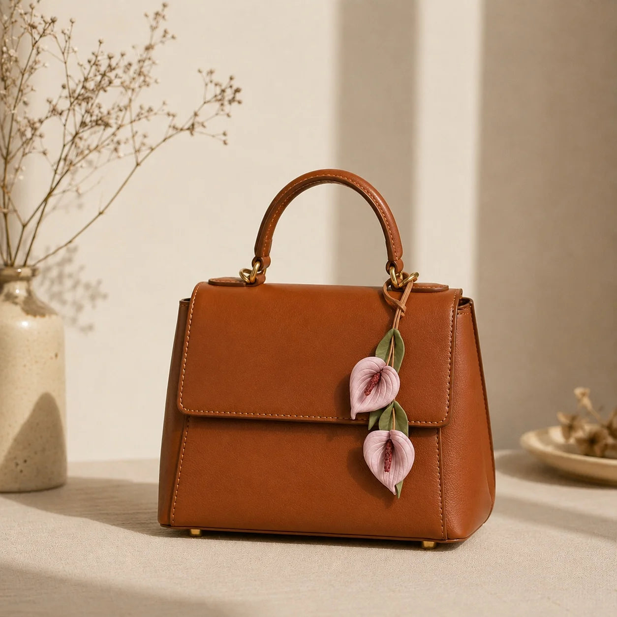 Blush Anthurium Cascade Hand-Painted Leather Bag Charm Handbag Accessory Gift for Her