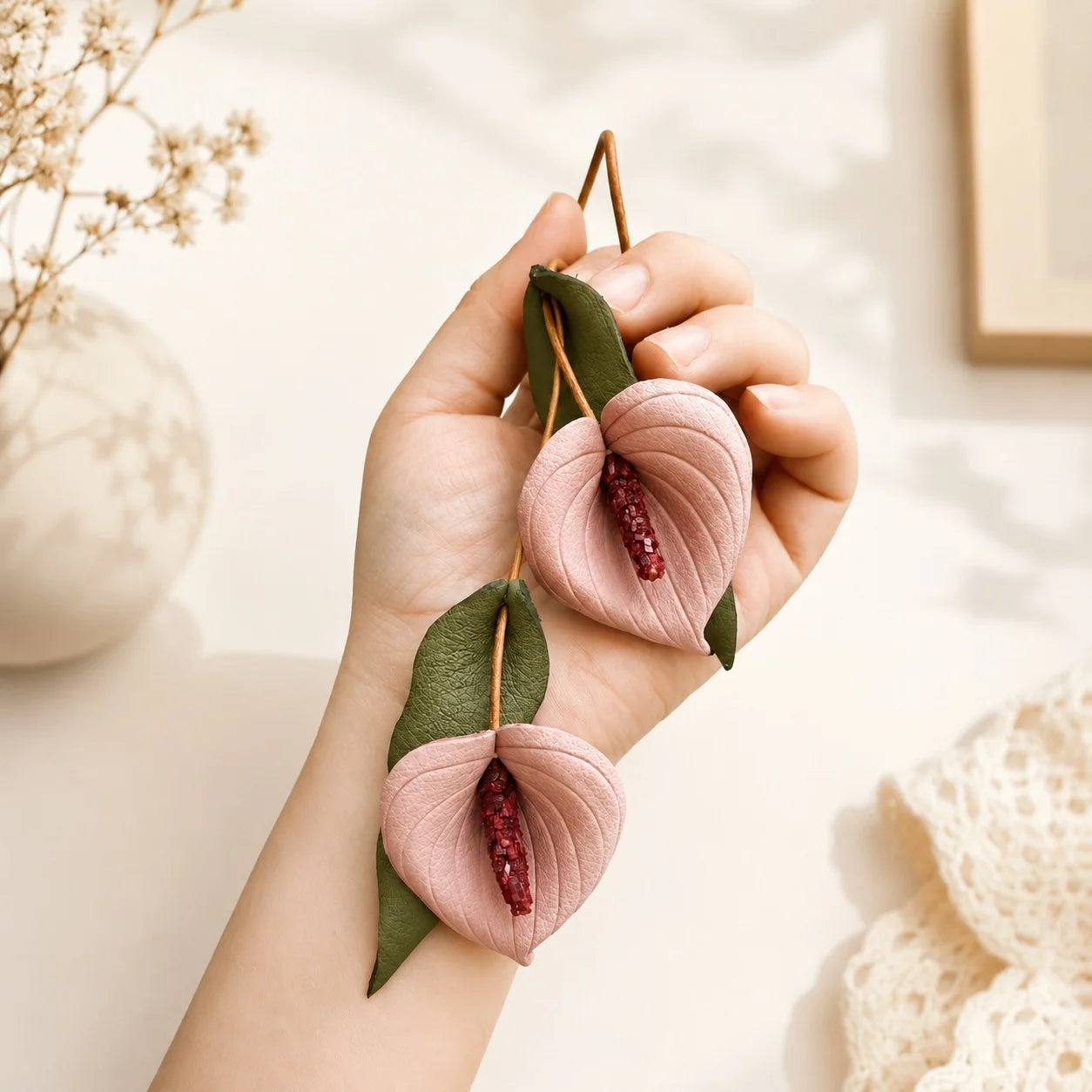 Blush Anthurium Cascade Hand-Painted Leather Bag Charm Handbag Accessory Gift for Her