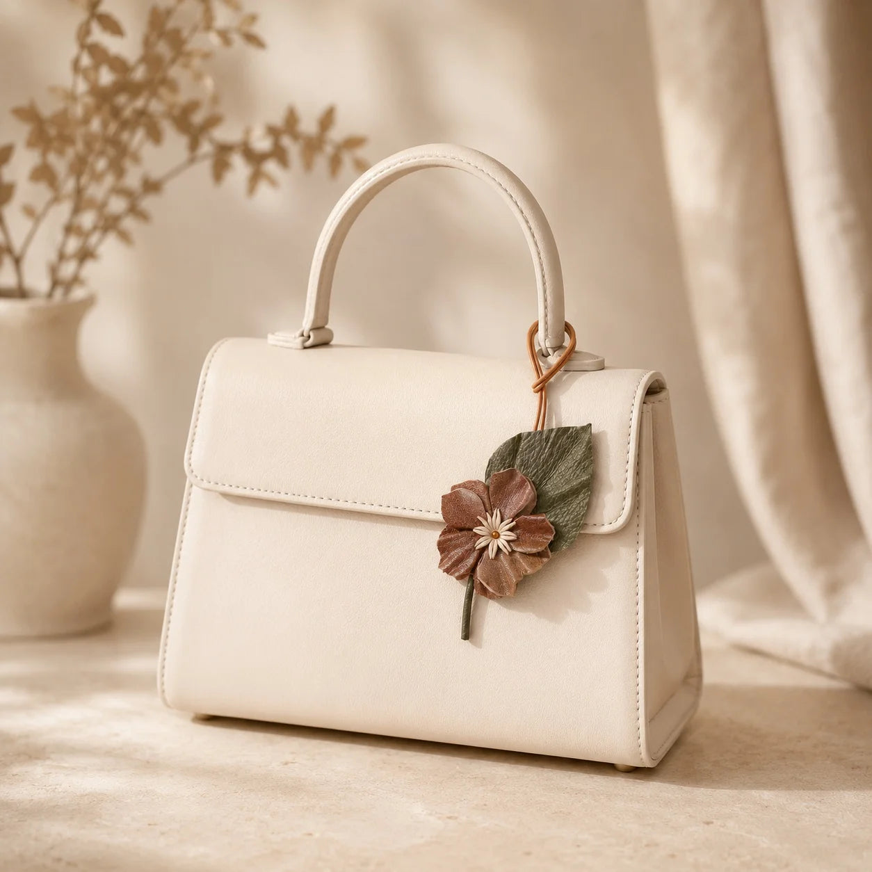 Hand-Painted Earthy Brown Wild Rose Leather Bag Charm – Elegant Handbag Accessory & Unique Gift for Her