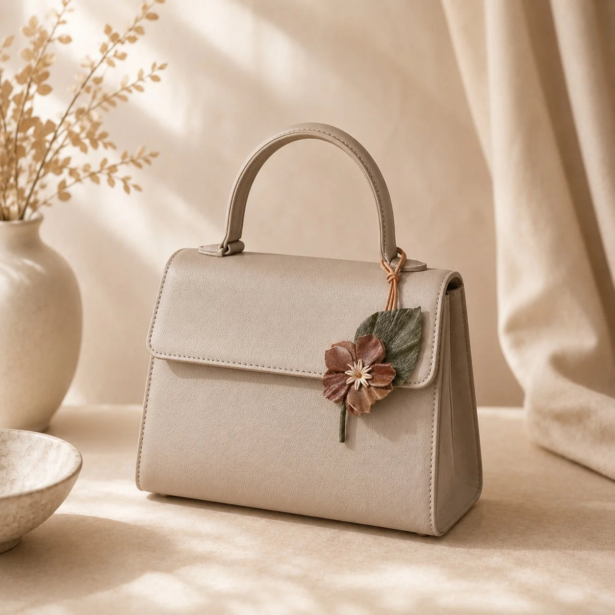 Hand-Painted Earthy Brown Wild Rose Leather Bag Charm – Elegant Handbag Accessory & Unique Gift for Her