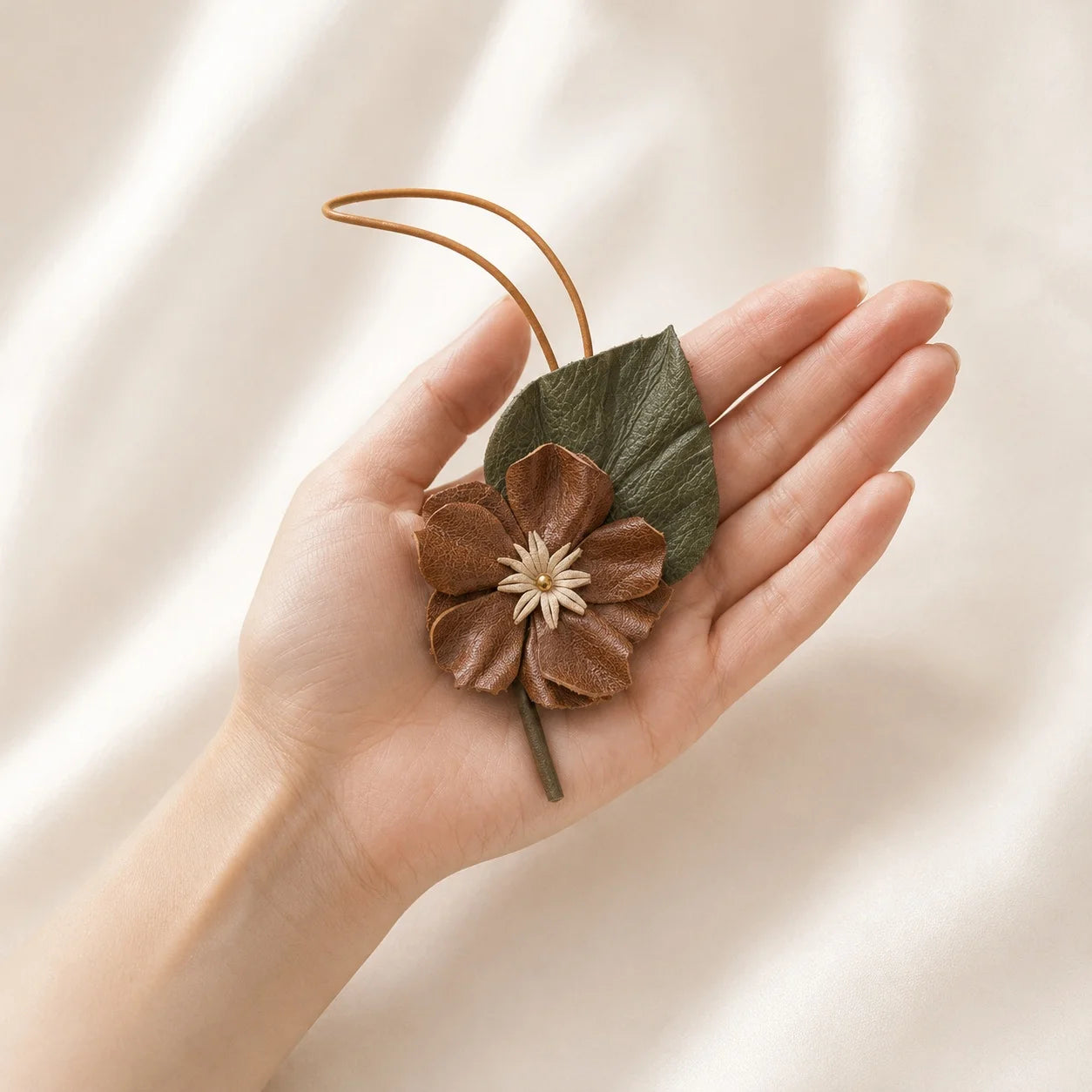 Hand-Painted Earthy Brown Wild Rose Leather Bag Charm – Elegant Handbag Accessory & Unique Gift for Her