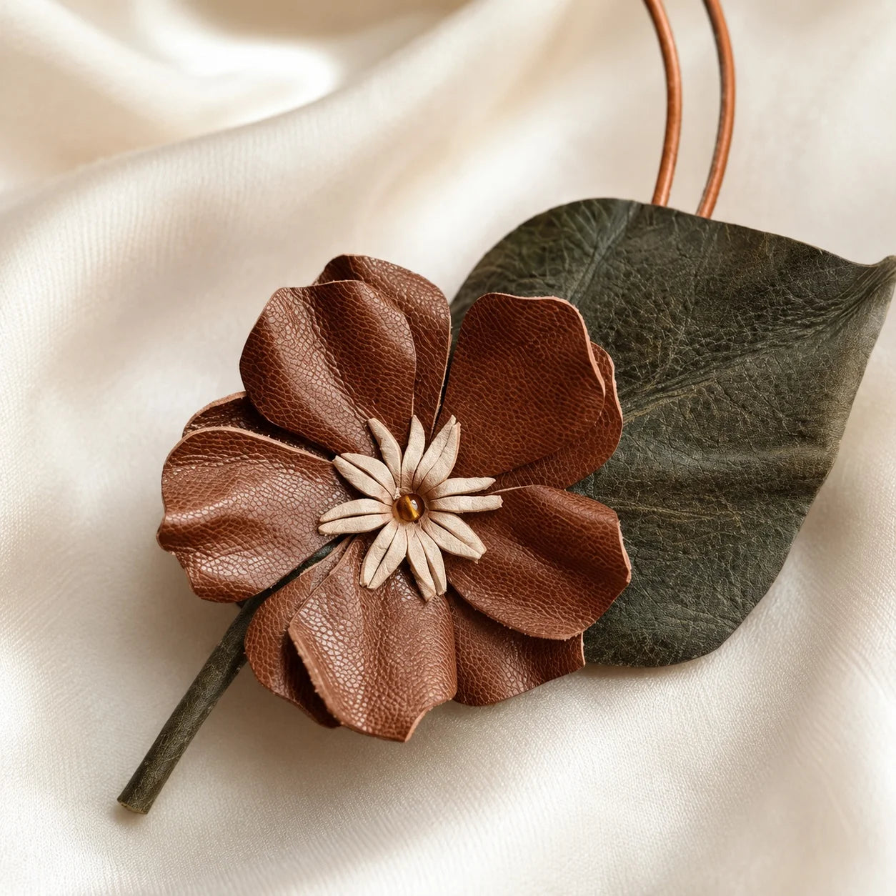 Hand-Painted Earthy Brown Wild Rose Leather Bag Charm – Elegant Handbag Accessory & Unique Gift for Her