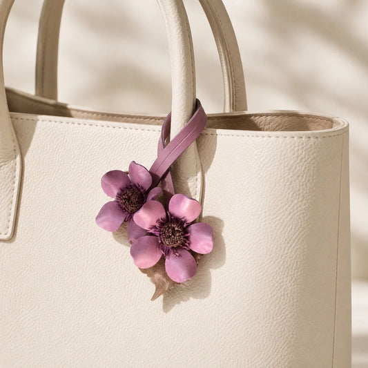 Charm de Cuero Floral Malva Pintado a Mano, Elegante Accesorio para Bolso y Regalo Único para Ella