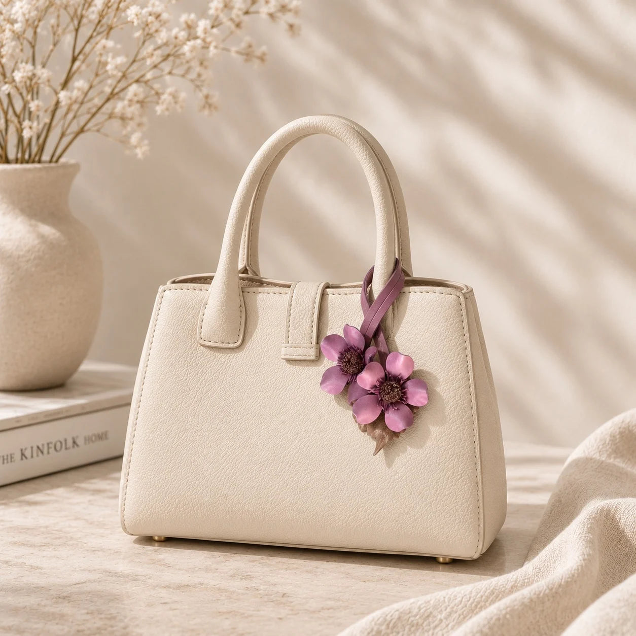Hand-Painted Mauve Floral Leather Bag Charm Elegant Handbag Accessory & Unique Gift for Her