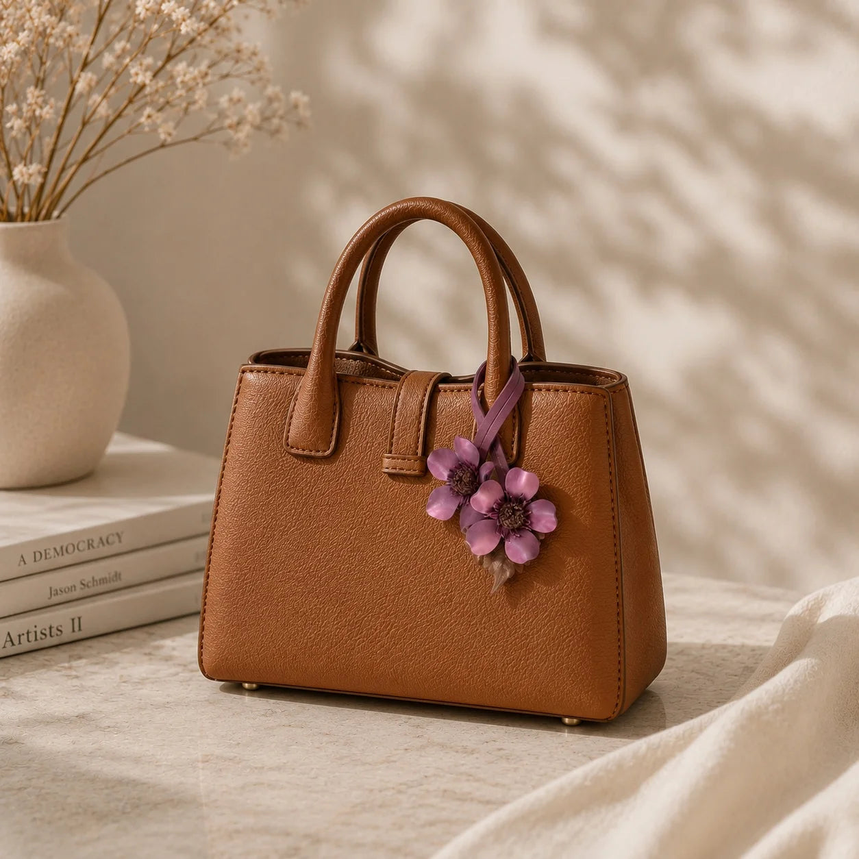 Hand-Painted Mauve Floral Leather Bag Charm Elegant Handbag Accessory & Unique Gift for Her
