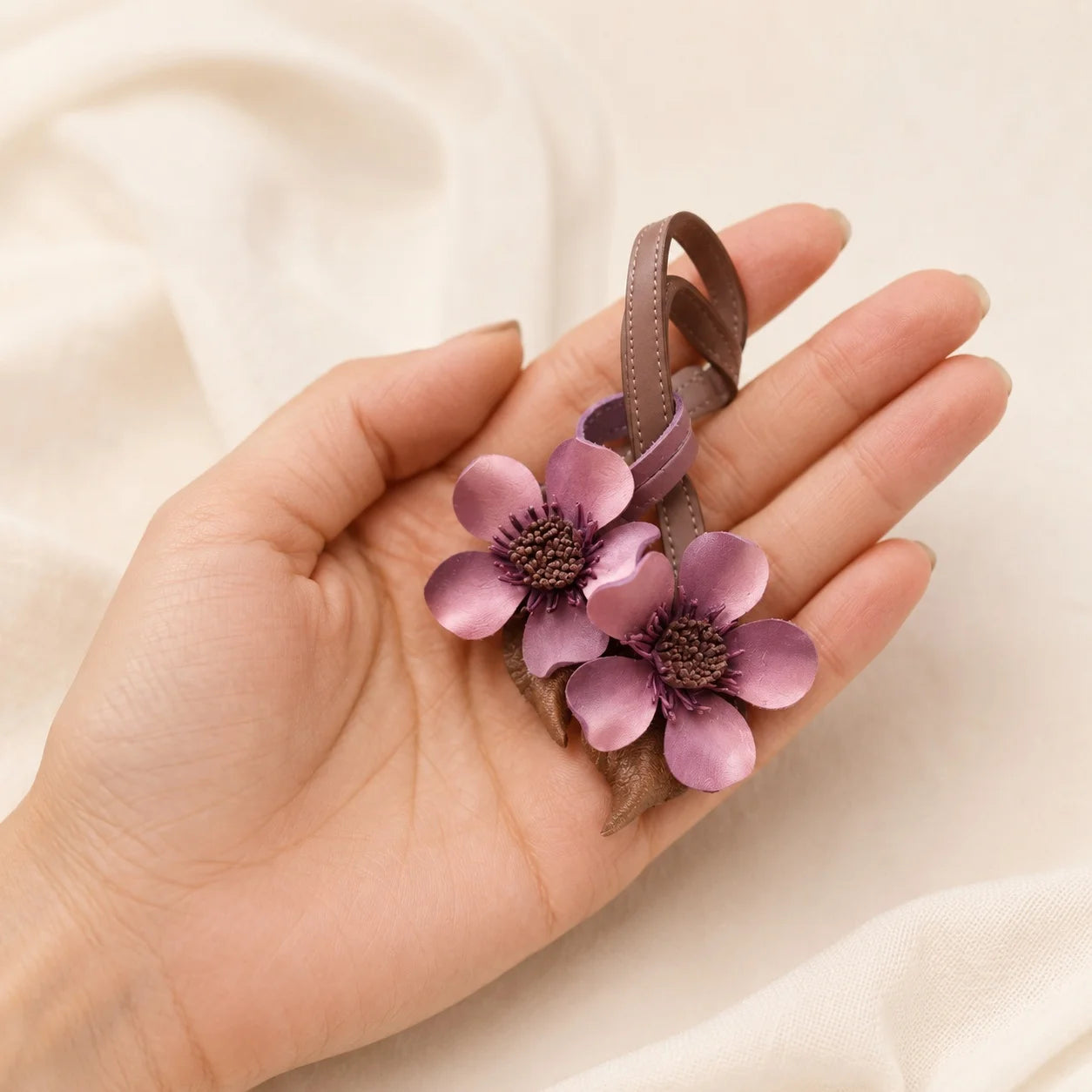 Hand-Painted Mauve Floral Leather Bag Charm Elegant Handbag Accessory & Unique Gift for Her