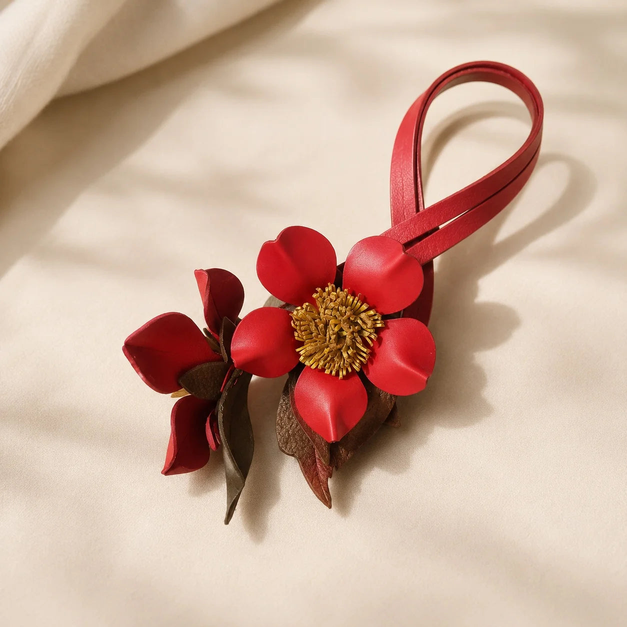 Hand-Painted Mauve Floral Leather Bag Charm Elegant Handbag Accessory & Unique Gift for Her