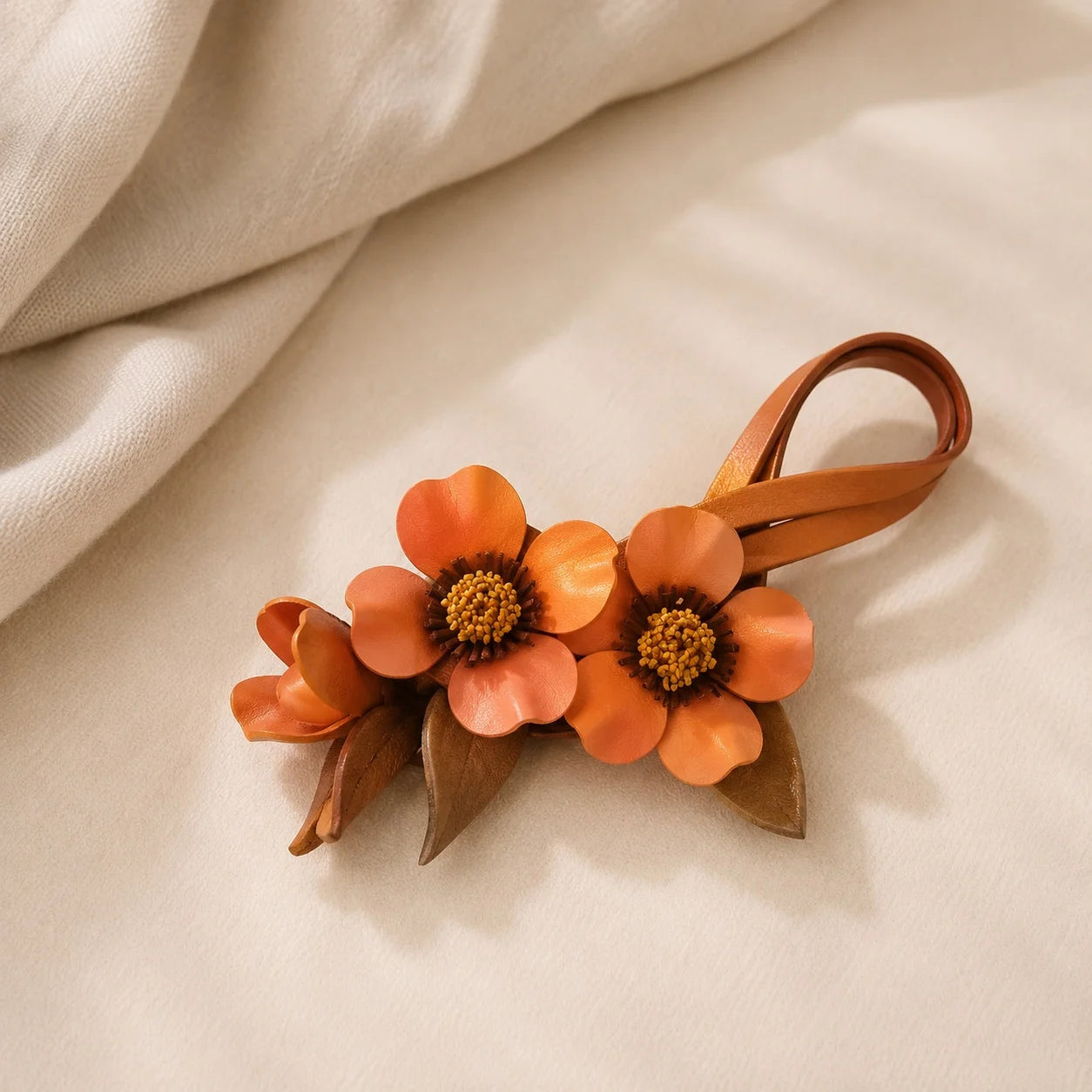 Hand-Painted Mauve Floral Leather Bag Charm Elegant Handbag Accessory & Unique Gift for Her
